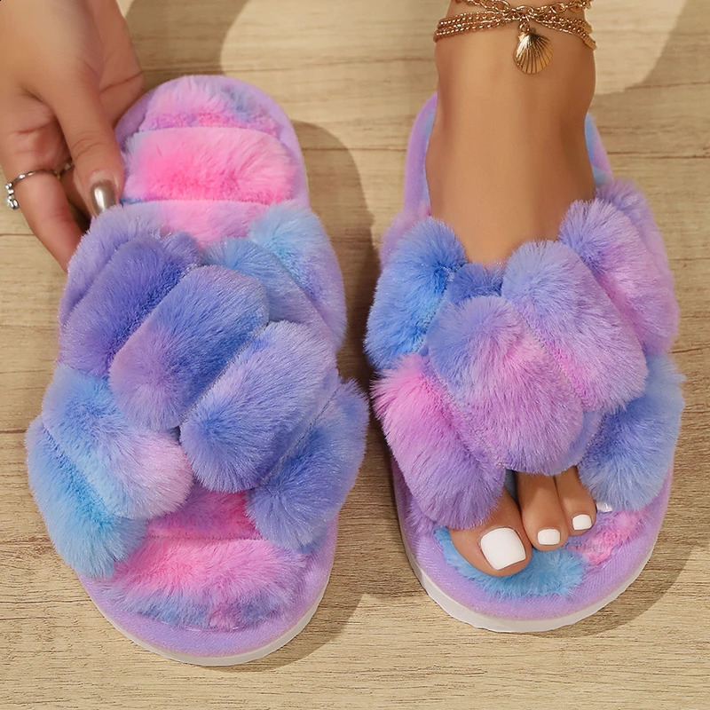 Winter Indoor House Cotton Slippers Womens Colourful Plush Fluffy Flip Flops Fashion Cross Flannel Warm Flats Slippers 240910