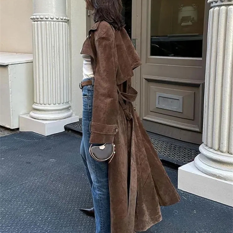 Elegant Suede Leather Belt Long Windbreaker Coat Fashion Double Button Lapel Oversize Jacket 2024 Autumn High Quality Streetwear y240910
