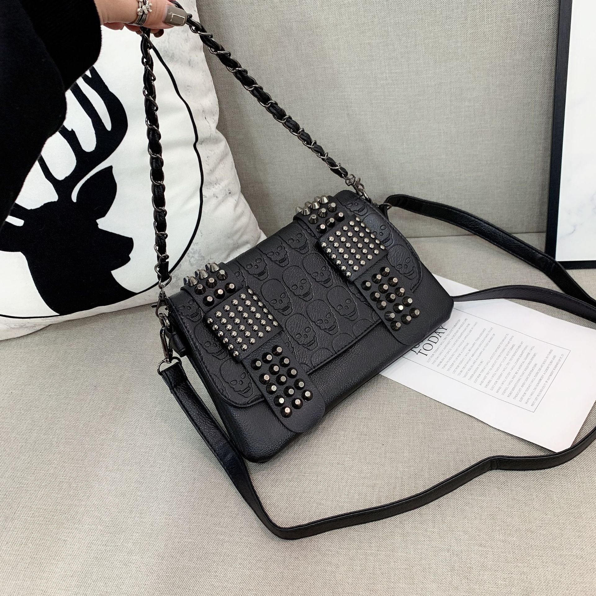 Gothic Studded Decor Crossbody Bag Punk Style Flap Shoulder Bag Retro Halloween Skull Embossed Purse CYD2409112