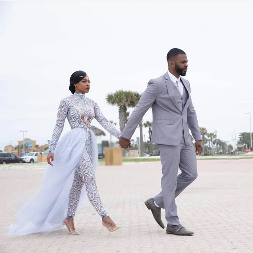 Plus Size Jumpsuits Wedding Dresses Bridal Gowns High Neck Beading Long Sleeve Bride Wear With Detachable Train 2024