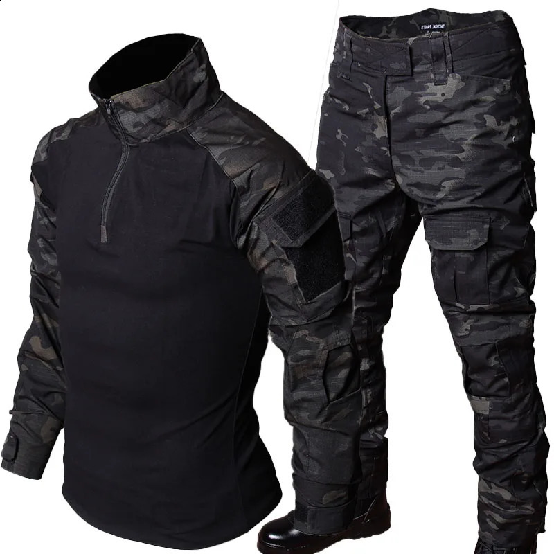 Autumn Camo Sets Men Elastic Breathable Long Sleeve T-shirtsMulti-pocket Cargo Pants 2 Pcs Suits Outdoor Training Camping Set 240909