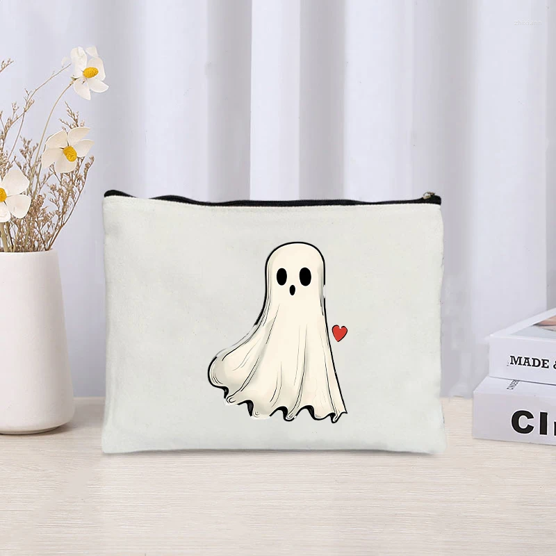 Cosmetic Bags Cartoon Ghost With Red Heart ating Printed Canvas Bag Organizer Zipper Storage Pouch Pencil Case Halloween zhanyishengli