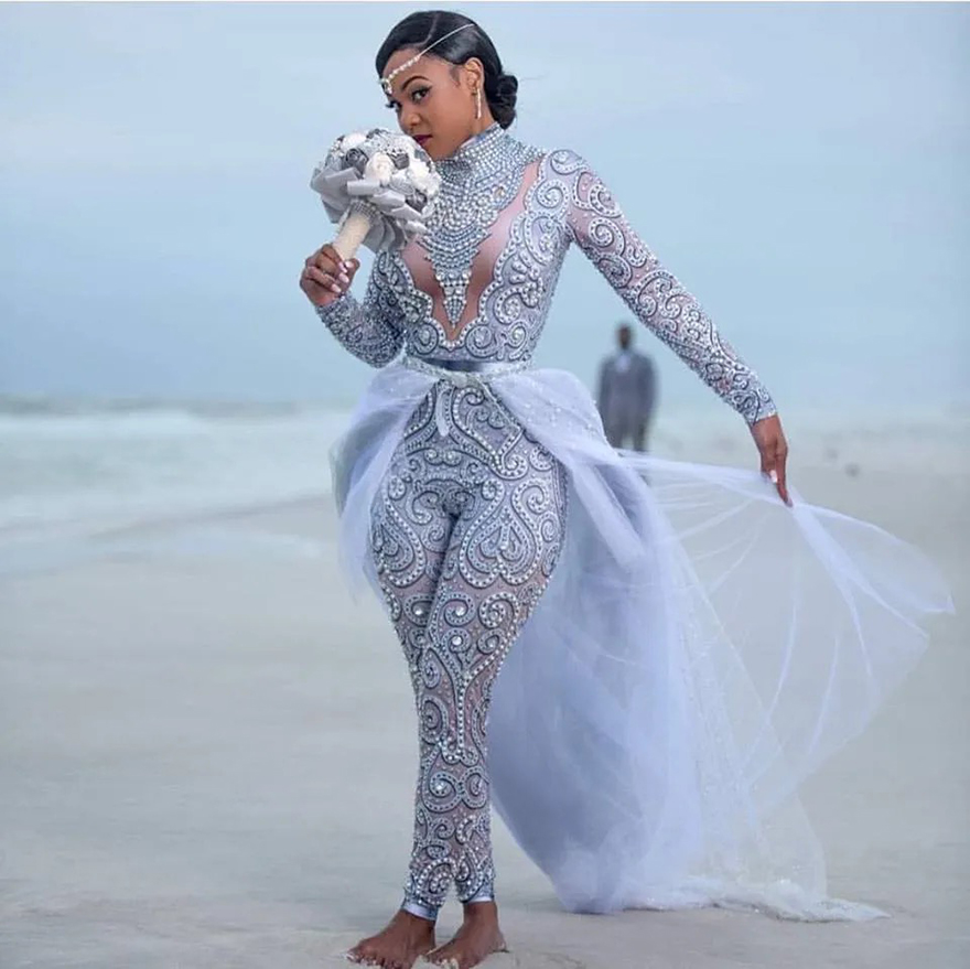 Plus Size Jumpsuits Wedding Dresses Bridal Gowns High Neck Beading Long Sleeve Bride Wear With Detachable Train 2024