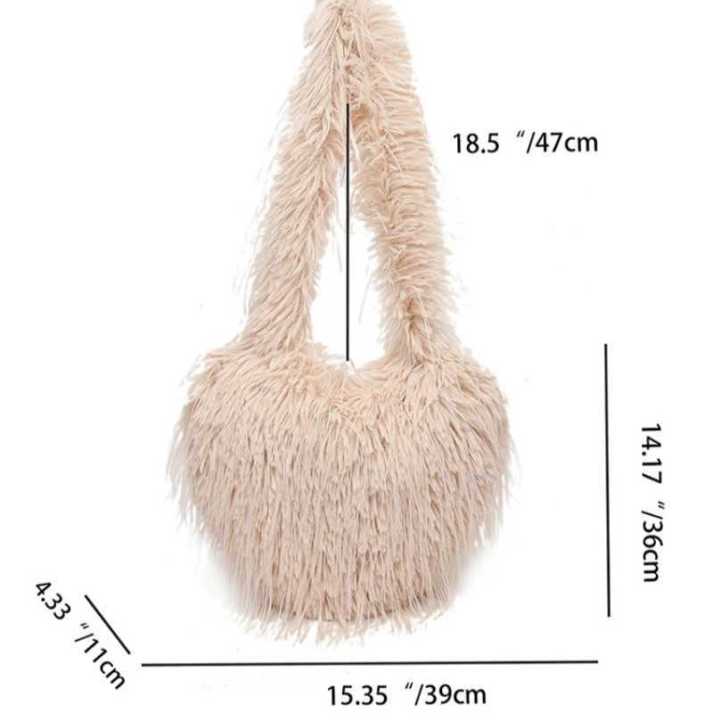 Winter Heart Shape Soft Fluffy Faux Fur Bag Long Plush Tassal Crossbody Bag for Ladies 2024 Luxury Warm Shopper Purses Tote 240911