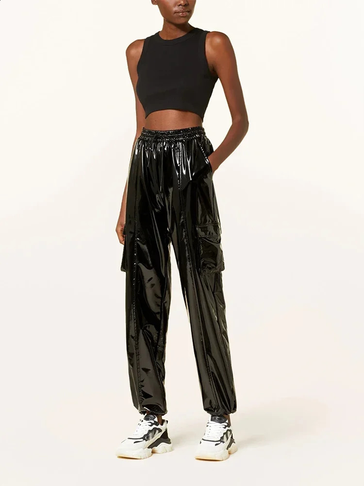 Womens high waisted shiny synthetic latex cargo pants womens fashion patent leather brushed elastic polyurethane lamp Trouser customization 240910