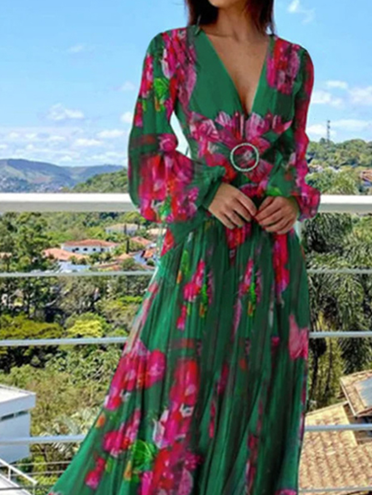 Spring Autumn Oversized V-Neck Floral Printing Lace Up Dress Female Long Sleeve Waist A-line Robe Women's Loose Casual Vestidos