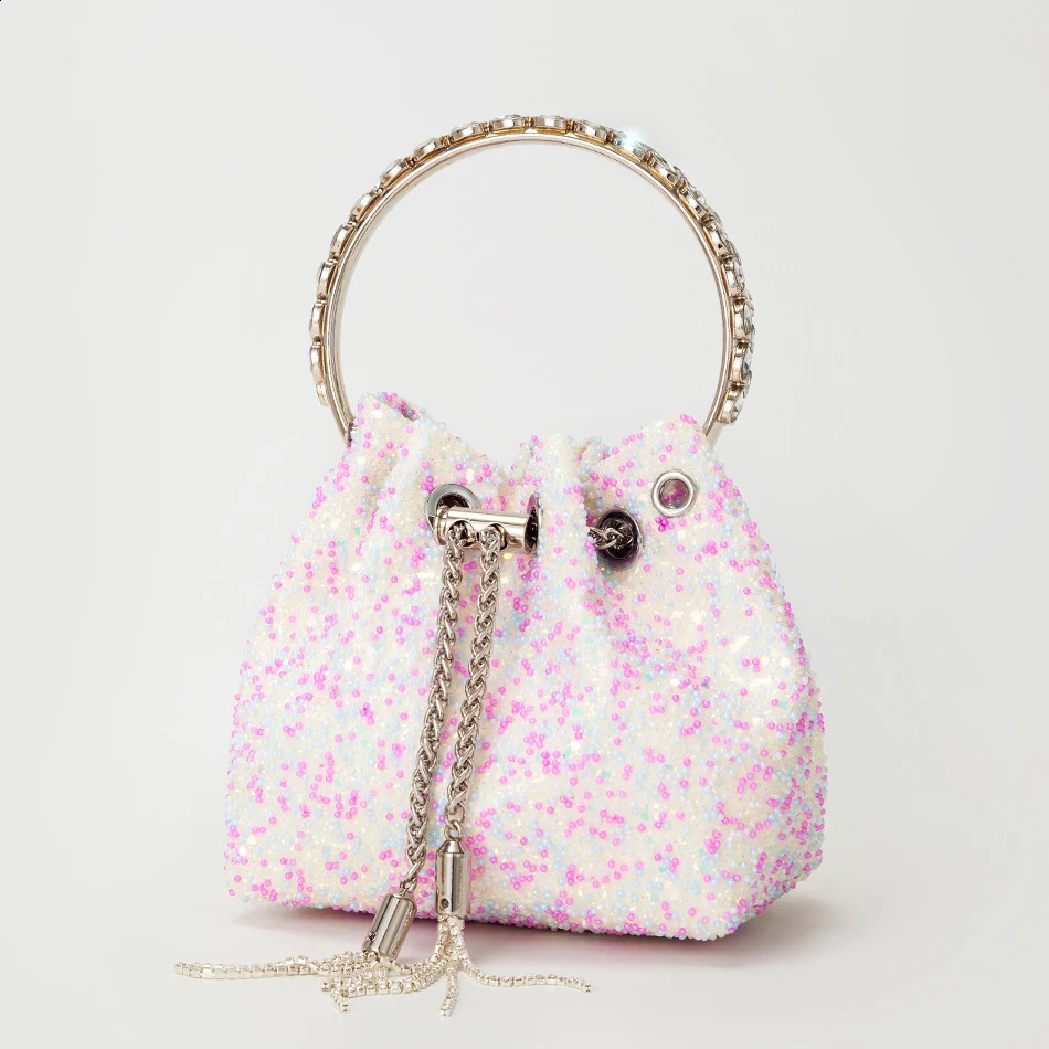 Crystal metal ring handbag for women y tassel satin bucket cross body bag colorful bead wallet wedding party 240910