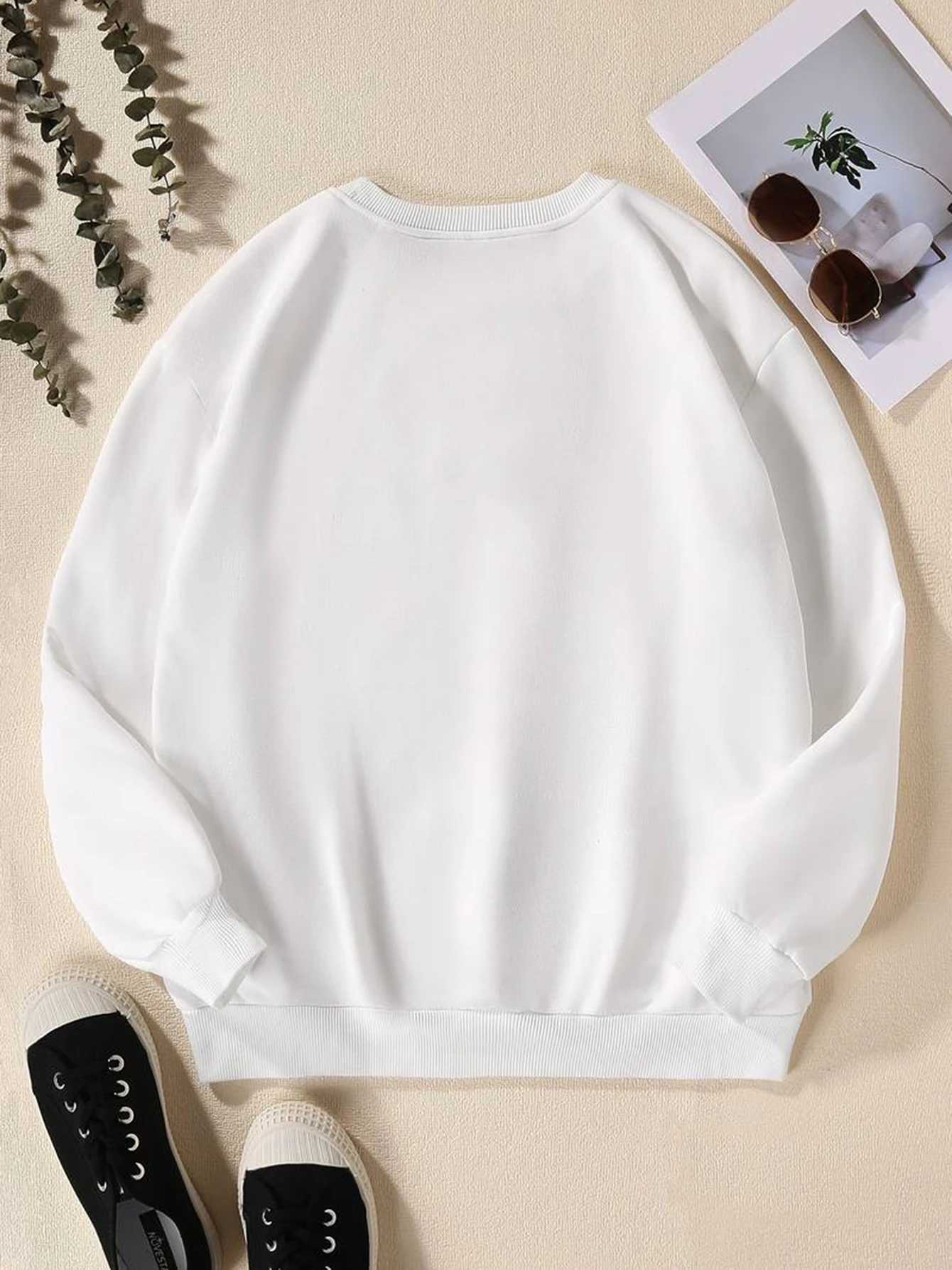 Womens Print Thermal Lined Crew Neck Loose Pullover Long Sleeve Plus Velvet SweatshirtX241016