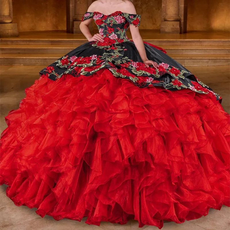 Red Mexican Princess Quinceanera Dresses Off Shoulder Embroidery ral Applique Tull Tiered Corset vestido 15 anos quinceanera Sweet 16 Dress