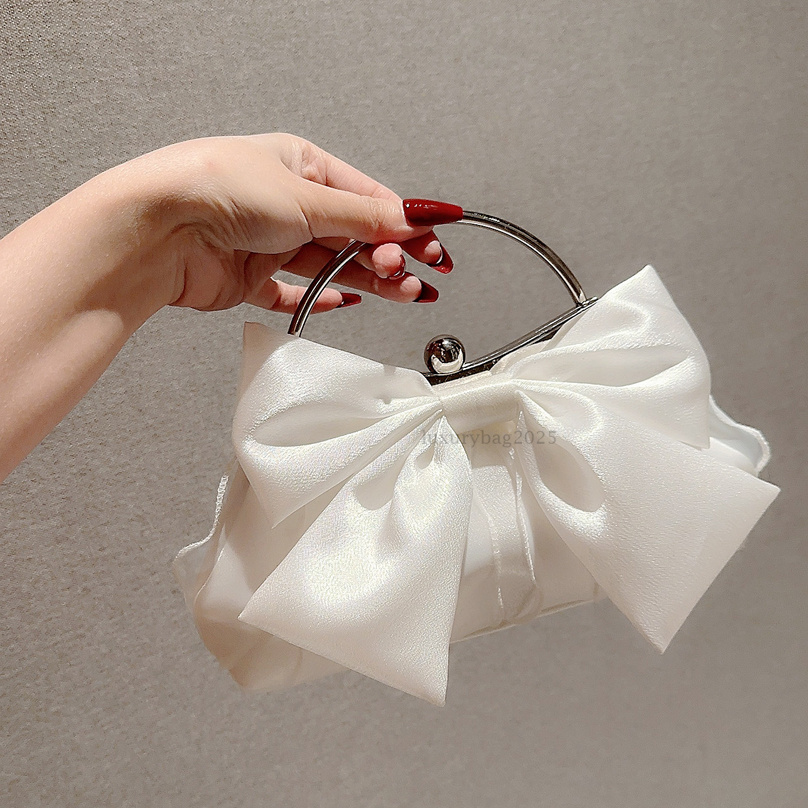 White Satin Bow Fairy Evening Bags Clutch Metal Handle Handbags for Women Wedding Party Bridal Clutches Purse Chain Shoulder Bag luxury dinners bag we