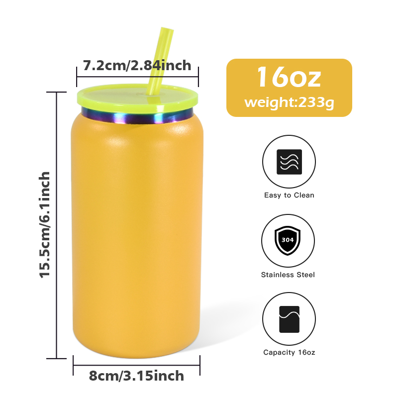 16oz UV plating tumbler colored powder coated stainless steel vacuum insulated tumblers mason jar for laser engraving food cans with colored lids stra