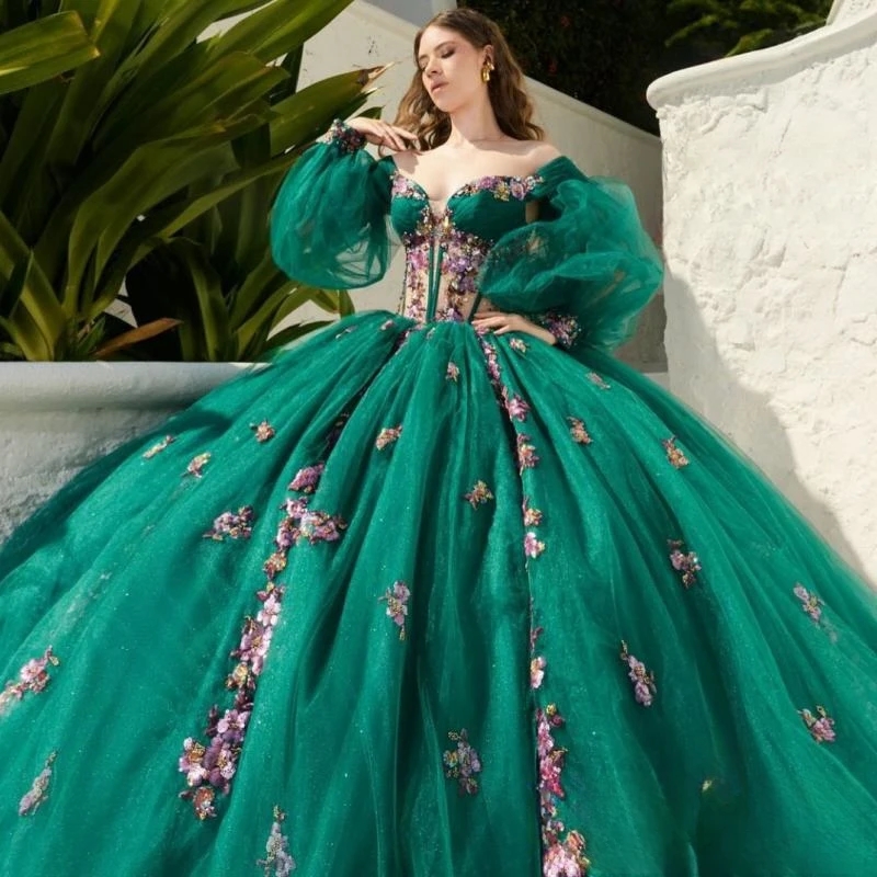 Green Shiny Quinceanera Dresses Ball Gown Puff Sleeve 3D wers Applique Beading Crystals Tull Corset Sweet 16 Dress Vestido De 15