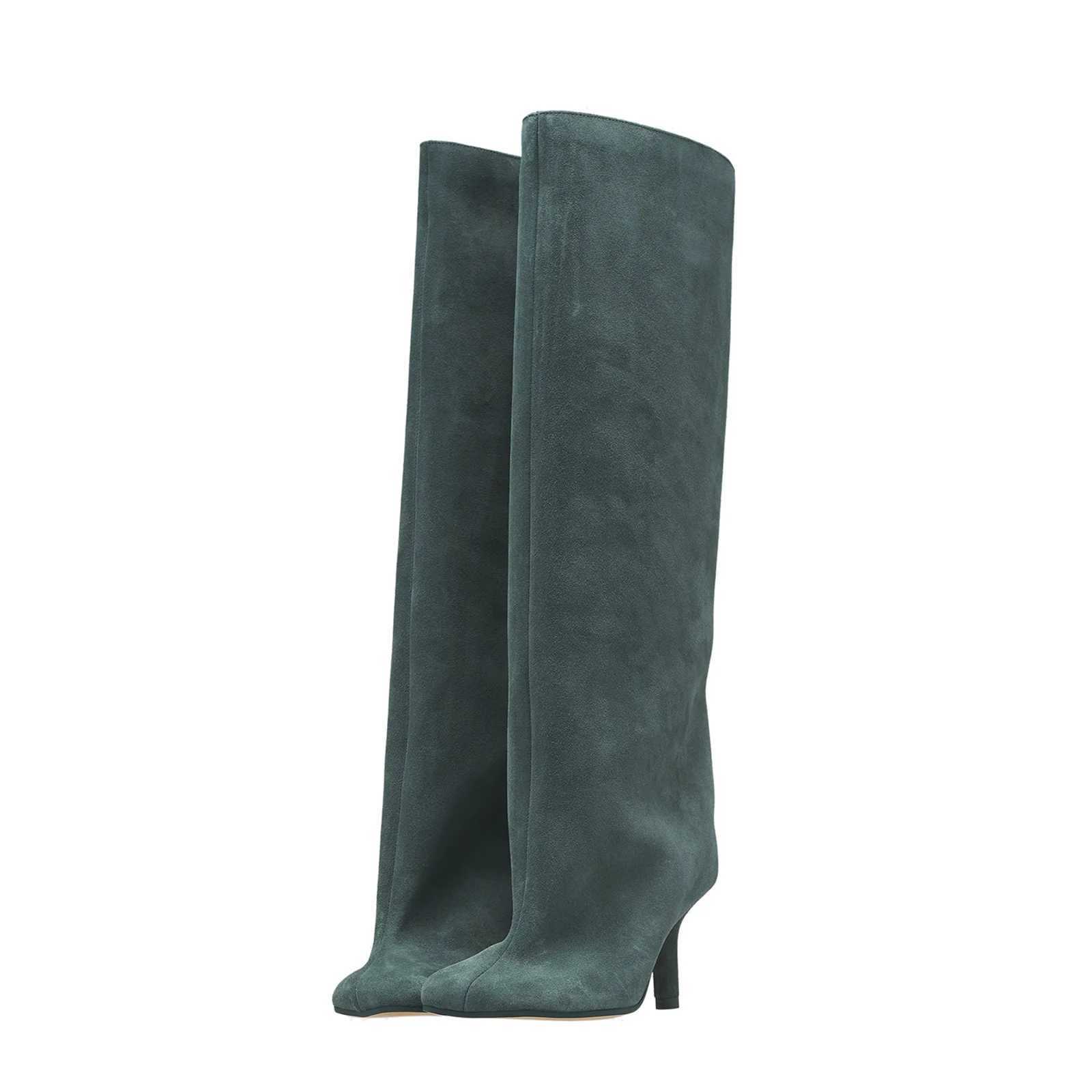 Womens Nude Suede Knee High Square Toe Wide New Calnd Foot Pull On Stiletto Heels Fashion Dress Tall Riding Boots Ladies