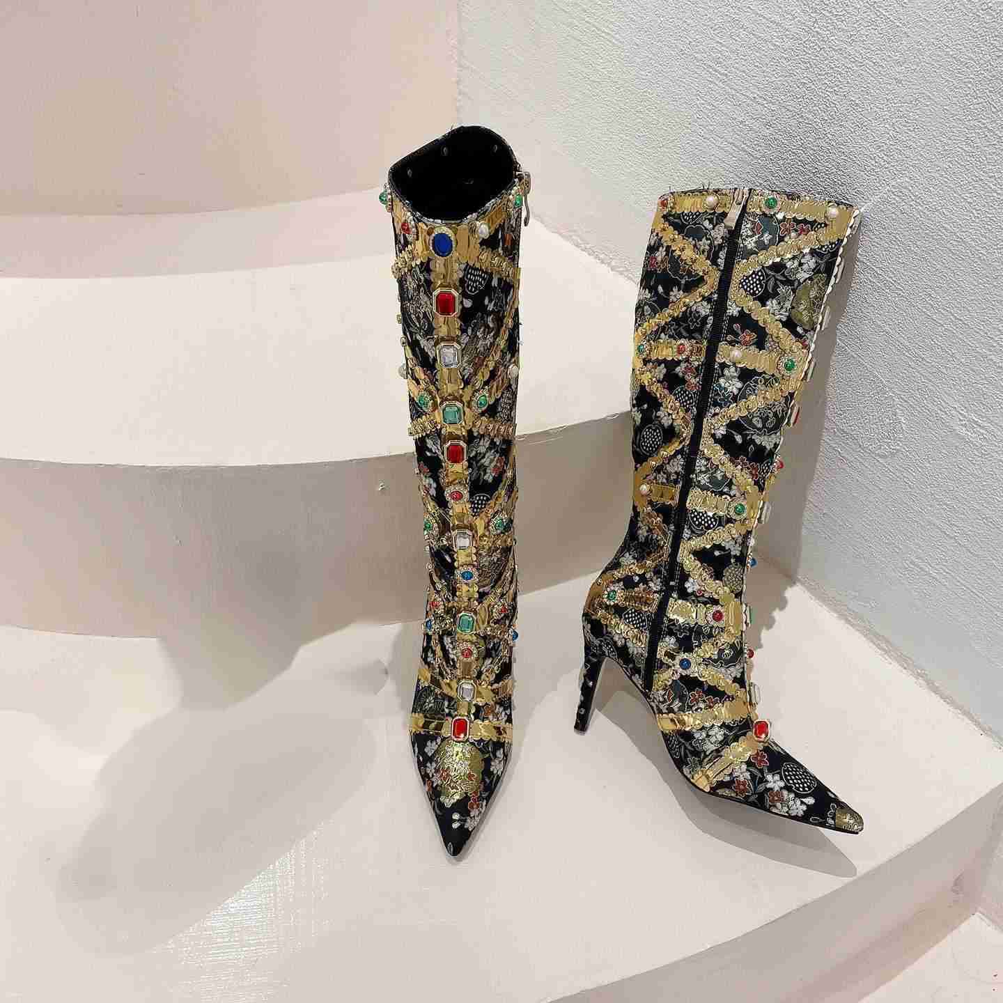 CMM Childrens Fashionable Slim Heel Heavy Handmade Womens Boots Rhinestone Ethnic Pointed High Heeled Long Tube Boots