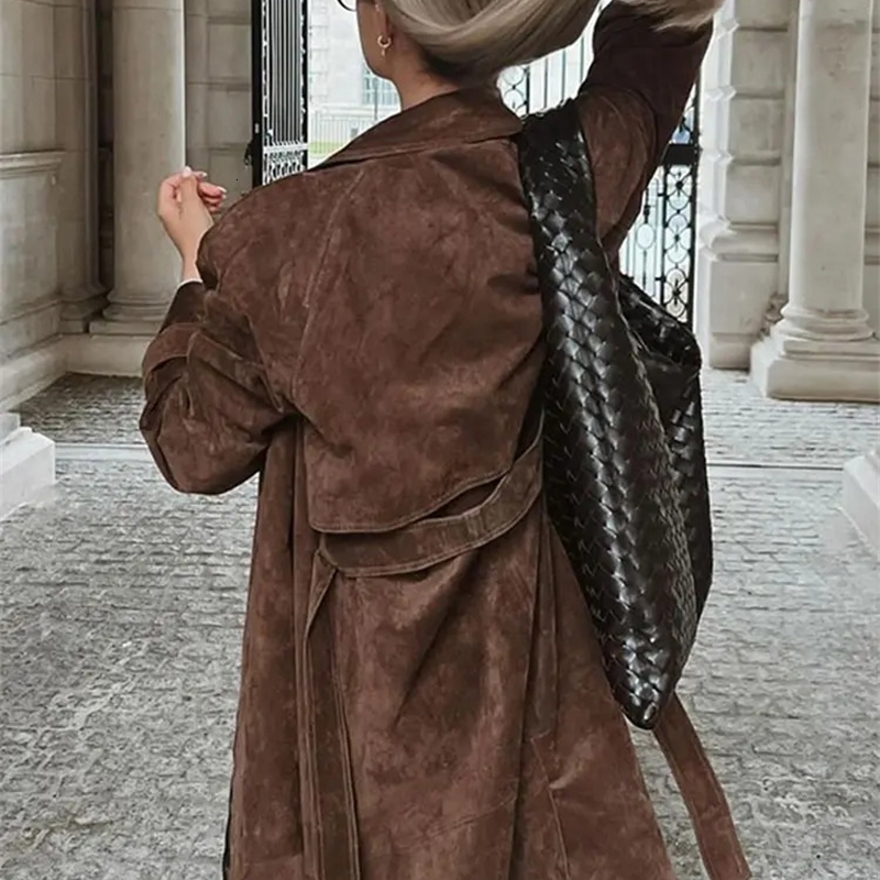 Elegant Suede Leather Belt Long Windbreaker Coat Fashion Double Button Lapel Oversize Jacket 2024 Autumn High Quality Streetwear y240910