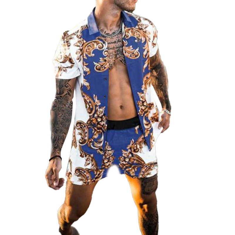 Mens Tracksuits Fashion Print Sets Short Sleeve Shirt+Shorts 2Pcs Suit Loose 2024 Summer Casual Beachwear Male Vacation Hawaiian Outfits