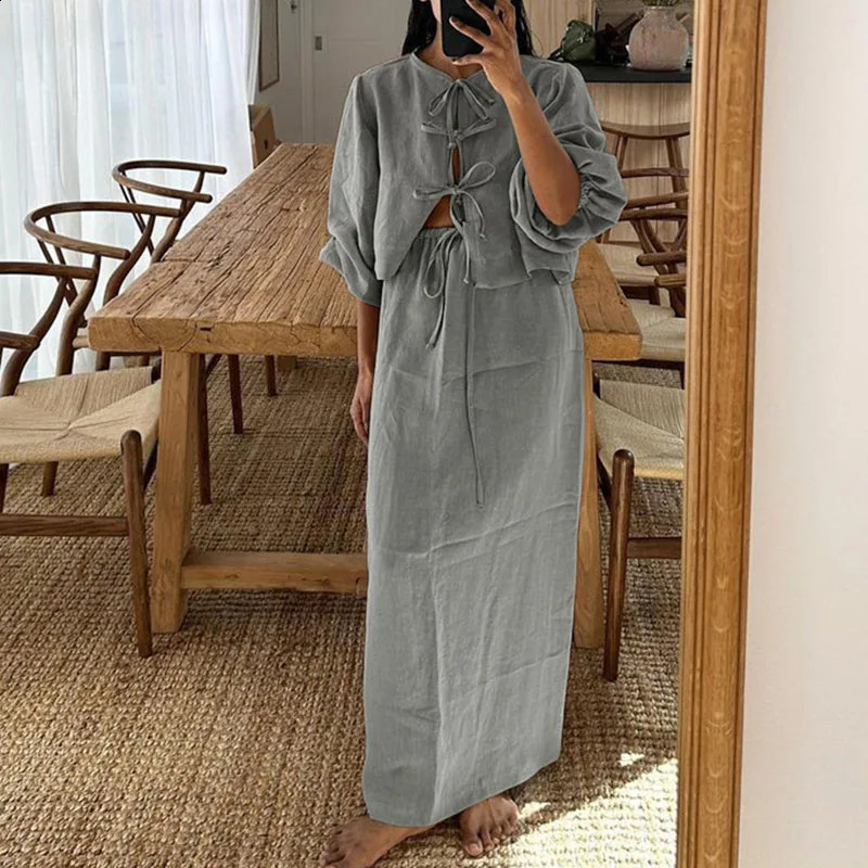 Womens O-neck lace up top long summer dress loose cotton linen set casual puff sleeves high waist 2-piece set 240903