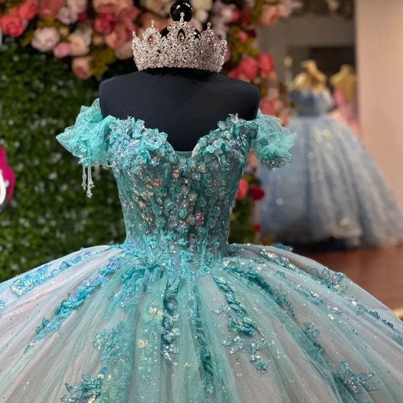 Water Blue Shiny Quinceanera Dresses Off The Shoulder Party Gown Applique Lace Beads Tull Princess Sweet 16 Dress Vestidos De XV 15 Anos