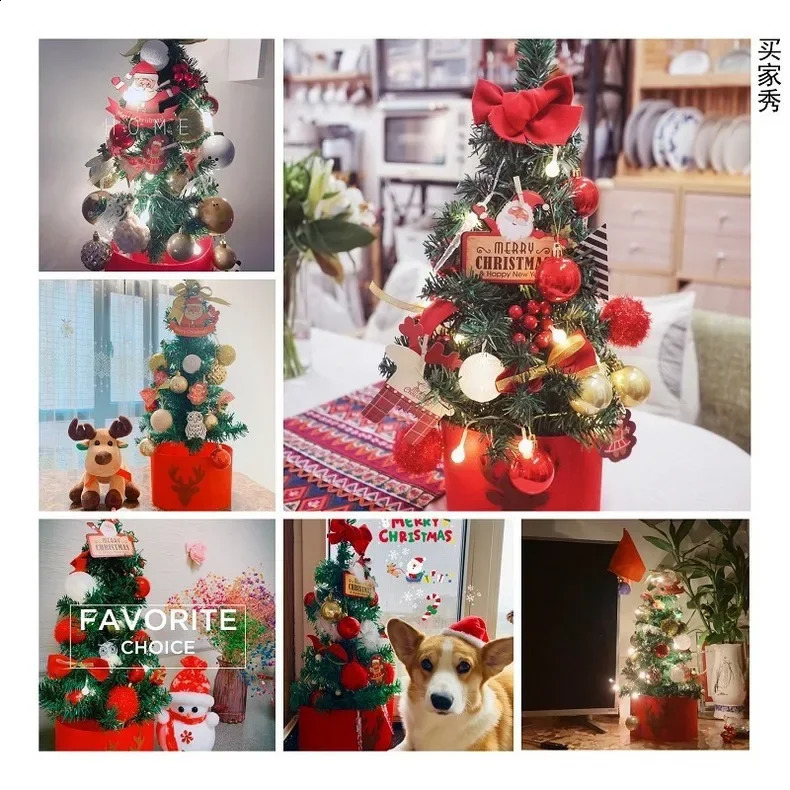 Tabletop Christmas Tree with Deco Kit Red White Ball Ornament and Gift Box Snow Flocked Mini Christmas Tree for Tabletop Deco 240910