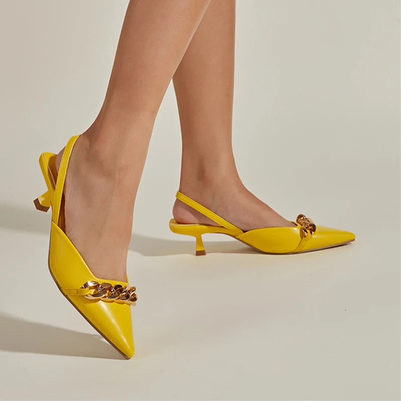 2023 Fashion Women 3Cm High Heels Chain Slippers Lady Elegant Sgback Mules Yellow Green Low Heel Slides Wedding Shoes