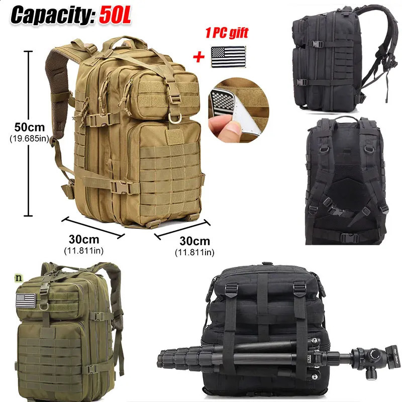 Large capacity waterproof mens tactical backpack 3P soft back outdoor Bug Rucksack hiking camping hunting bag 50L 240914