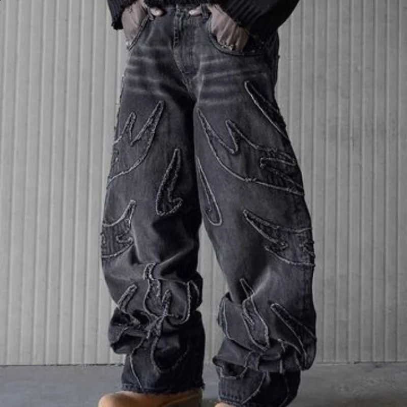 Oversized Embroidered Harajuku Gothic Wide Leg Trouser Streetwear Mens Bag Jeans Y2k Hip Hop Distressed Retro Black Pants 240911