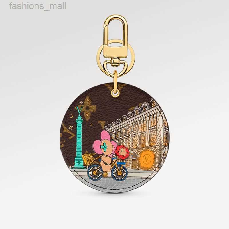 Top round panel women mens keychains rings bag Key Rings old flower bag charm decoration accessories brown keychain High Quality