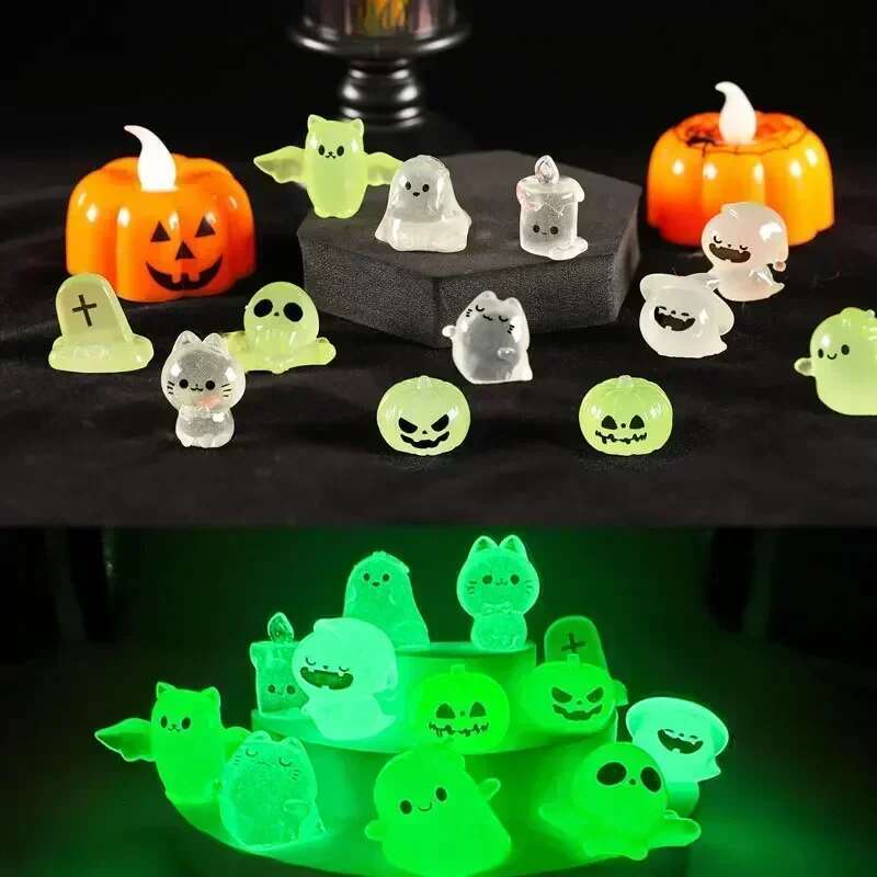 6Pcs Mini Luminous Figures Mini Cat Ghost Pumpkin Bat Skull Candle Glow In Dark Micro Landscape Miniatures For Holiday Halloween 42E