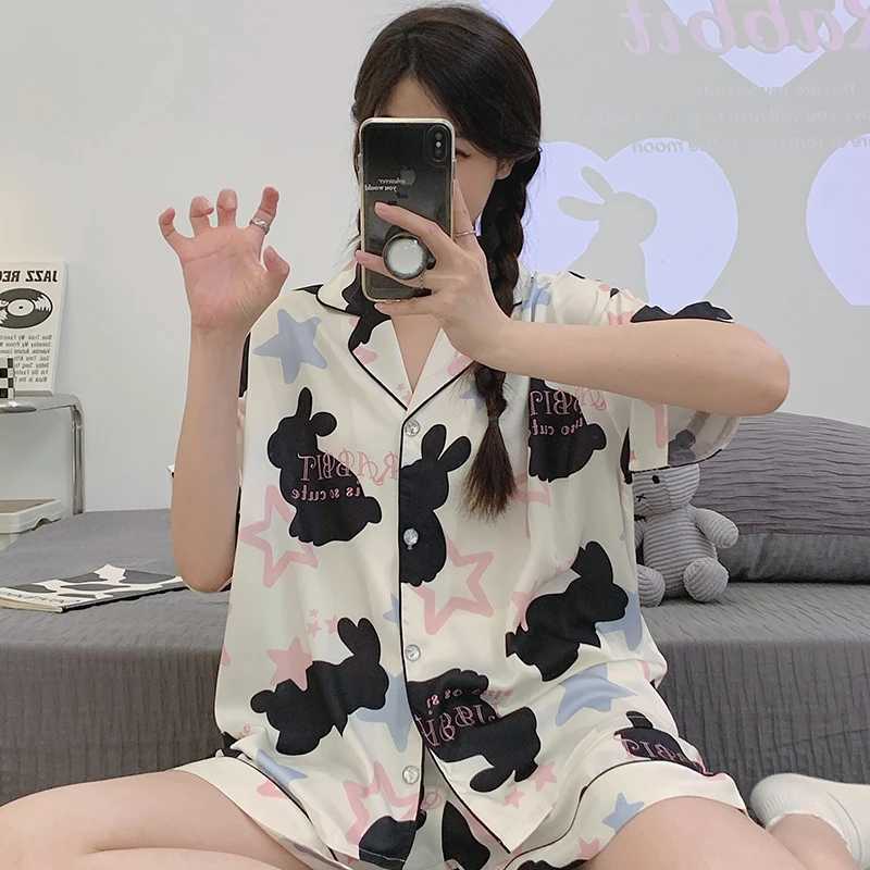 Rabbit Printing Ladies Pajamas Set Summer Kawaii Loungewear Women Green Homewear Cute Cartoon Korean Fashion Version OutfitsX240910