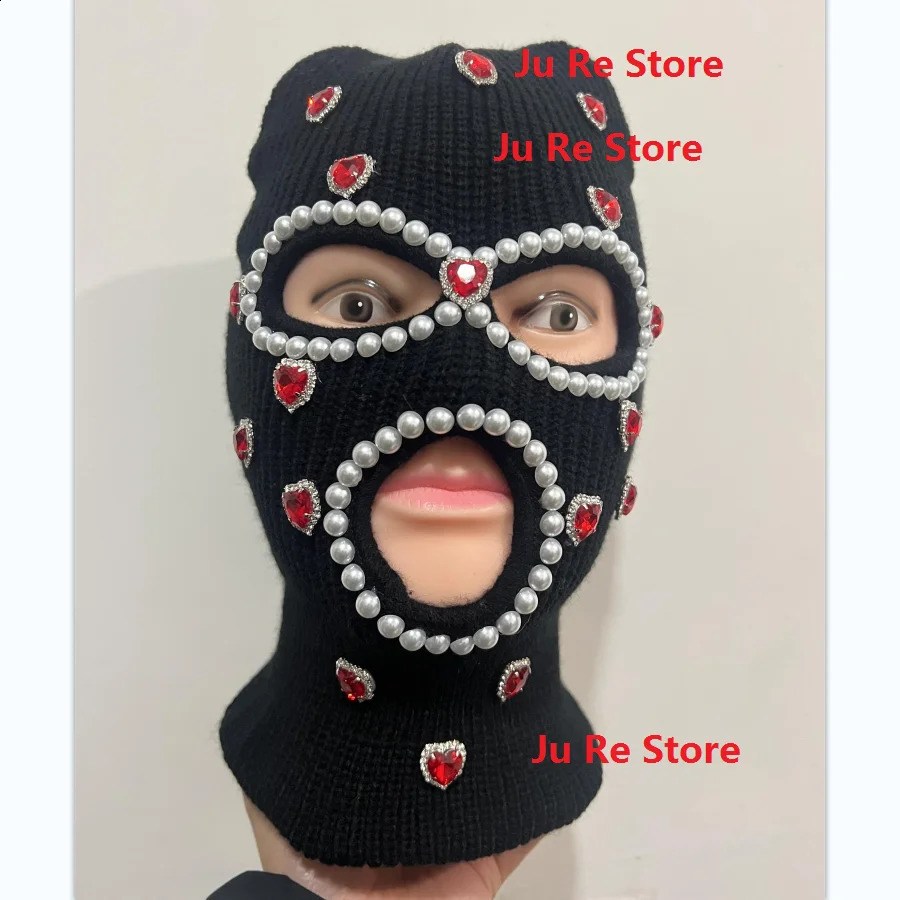 Spicy Girls Street Fashion Personalized Handmade DIY Love Red Diamond Pearl Hip Hop Rock Knitted Pulley Hat Men and Women 240910