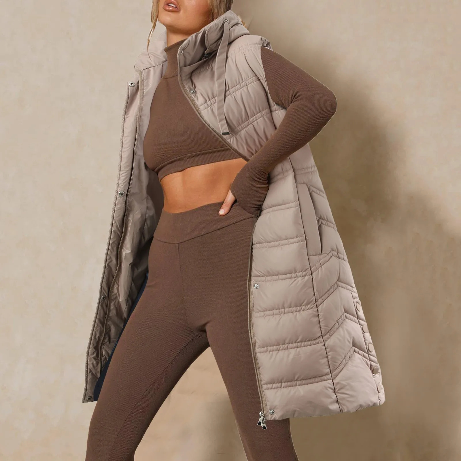 Womens long waisted coat winter warm vest jacket loose sleeveless zipper womens streetwear solid 240910