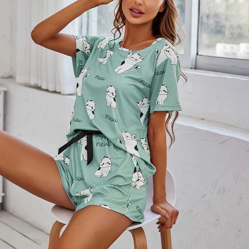 Women Pajamas Sets Short Sleeve Nightwear Top and Pants Sleepwear 2 Piece Pjs Loungewear Cartoon Print Pyjamas Set NightwearX2409