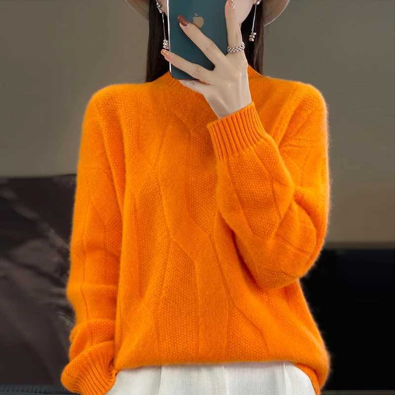 Womens pullovers fall/winter high-quality soft 100% merino wool sweater with half high neck and thick cashmere sweater top M240910