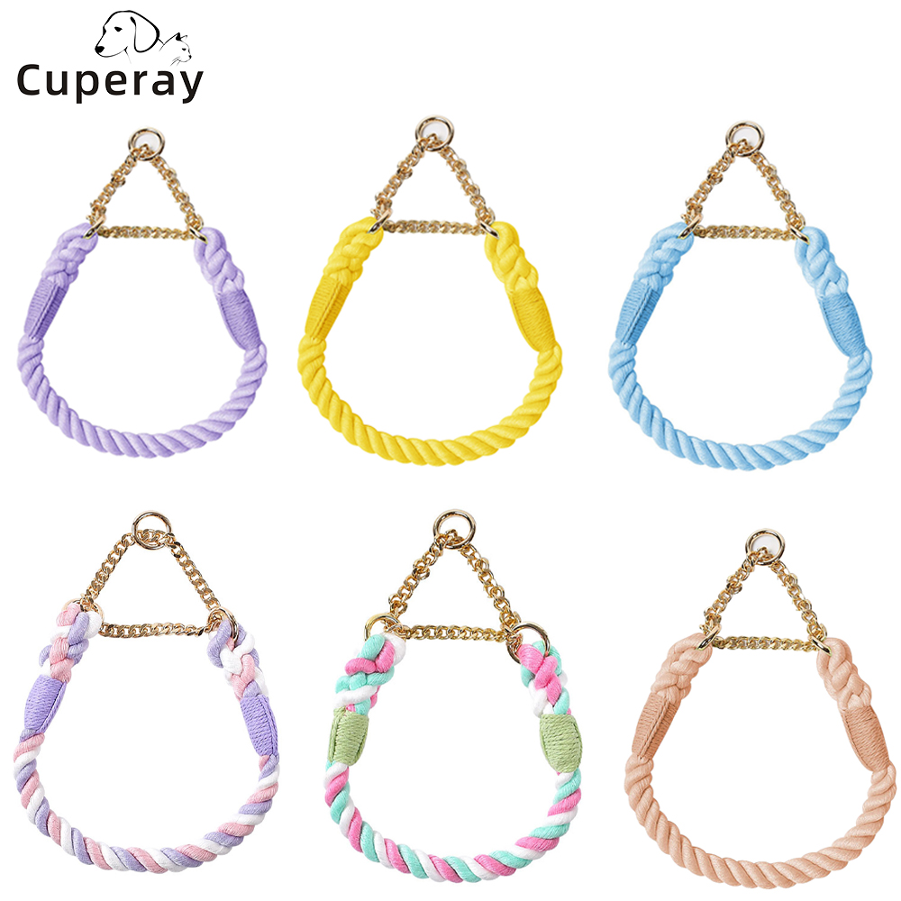 Dog Collar with Stainless Steel Chain and Braided Cotton Rope,Adjustable No Pull Training Collar,for Small Medium,and Large Dogs