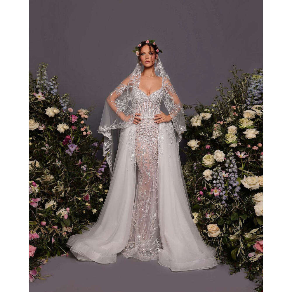 Arrival New Dresses Mermaid Strapless Detachable Pearls Sequins Or Length Princess Bride Wedding Dress Custom Made 0213