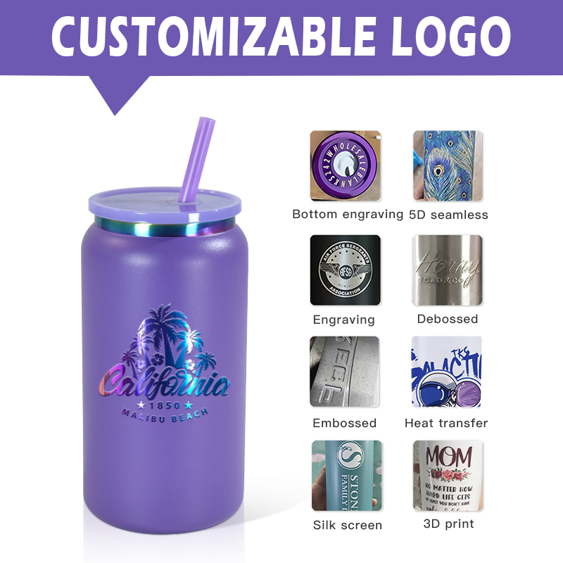 16oz UV plating tumbler colored powder coated stainless steel vacuum insulated tumblers mason jar for laser engraving food cans with colored lids stra