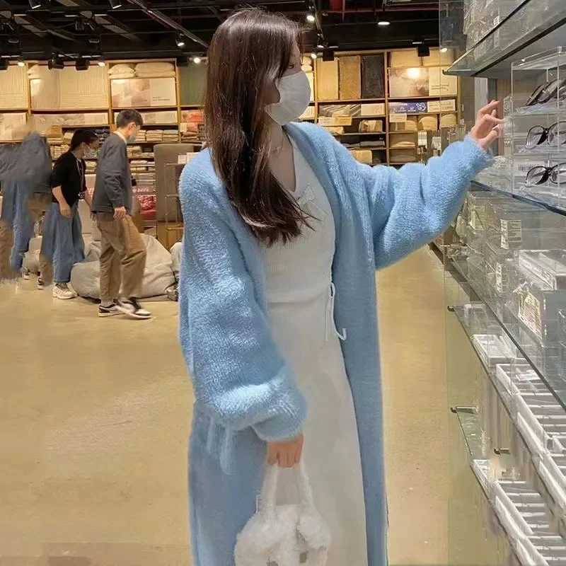Soft and Sticky Sweater Jacket for Women in Autumn and Winter Lazy and Retro Blue Mohair Knitted Cardigan Medium to Long Coat WF M240910