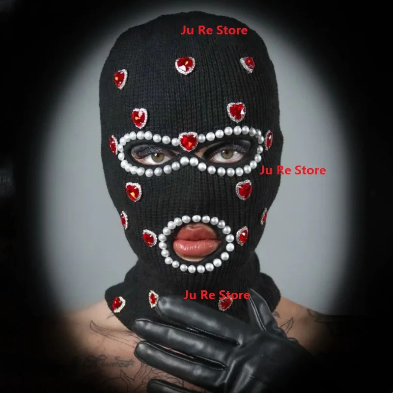 Spicy Girls Street Fashion Personalized Handmade DIY Love Red Diamond Pearl Hip Hop Rock Knitted Pulley Hat Men and Women 240910