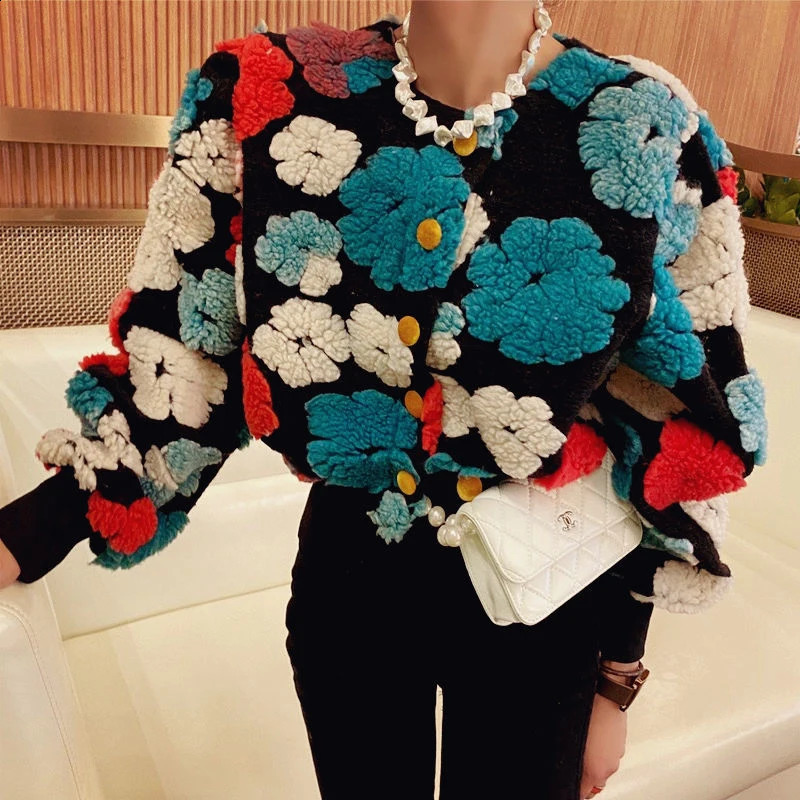Spring 3D Flower Bubble Sleeve Oneck Plush Open Fleece Sweater Warm Coat Top Womens Red Dress 240906