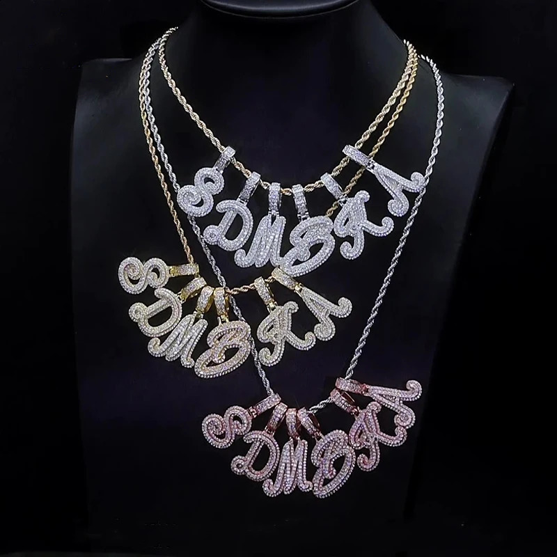 925 Silver Hip Hop Womens Diamond Pendant Letter Full Necklace AZ 240812