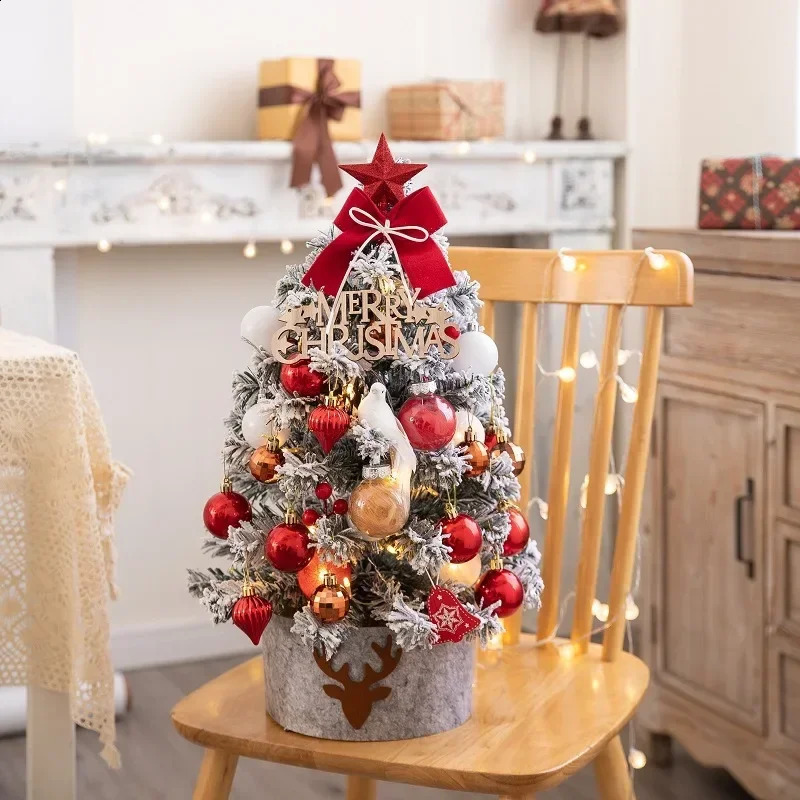 Tabletop Christmas Tree with Deco Kit Red White Ball Ornament and Gift Box Snow Flocked Mini Christmas Tree for Tabletop Deco 240910