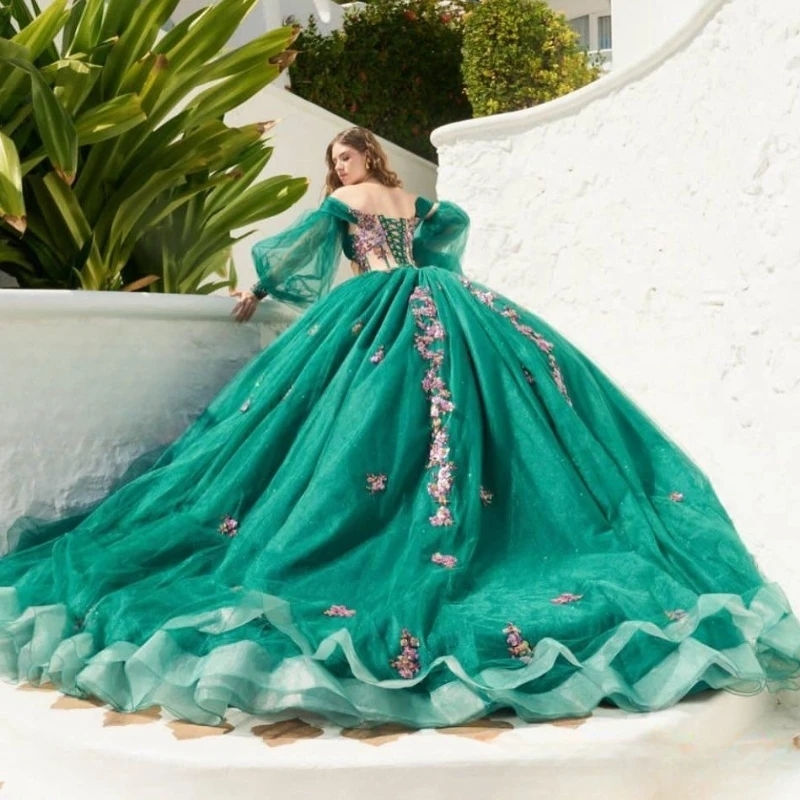 Green Shiny Quinceanera Dresses Ball Gown Puff Sleeve 3D wers Applique Beading Crystals Tull Corset Sweet 16 Dress Vestido De 15