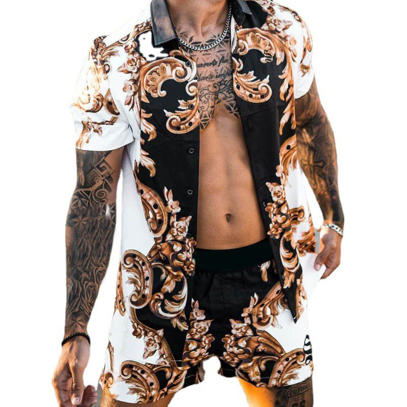 Mens Tracksuits Fashion Print Sets Short Sleeve Shirt+Shorts 2Pcs Suit Loose 2024 Summer Casual Beachwear Male Vacation Hawaiian Outfits