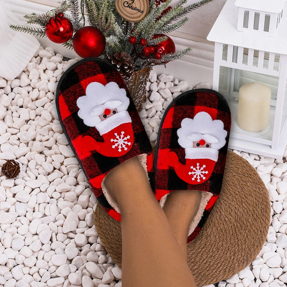 Winter Christmas Slippers Santa Claus Fur Slipper Soft Warm Plush Cushion Slides Bedroom Men Women Winter Home Cotton Slippers 240910