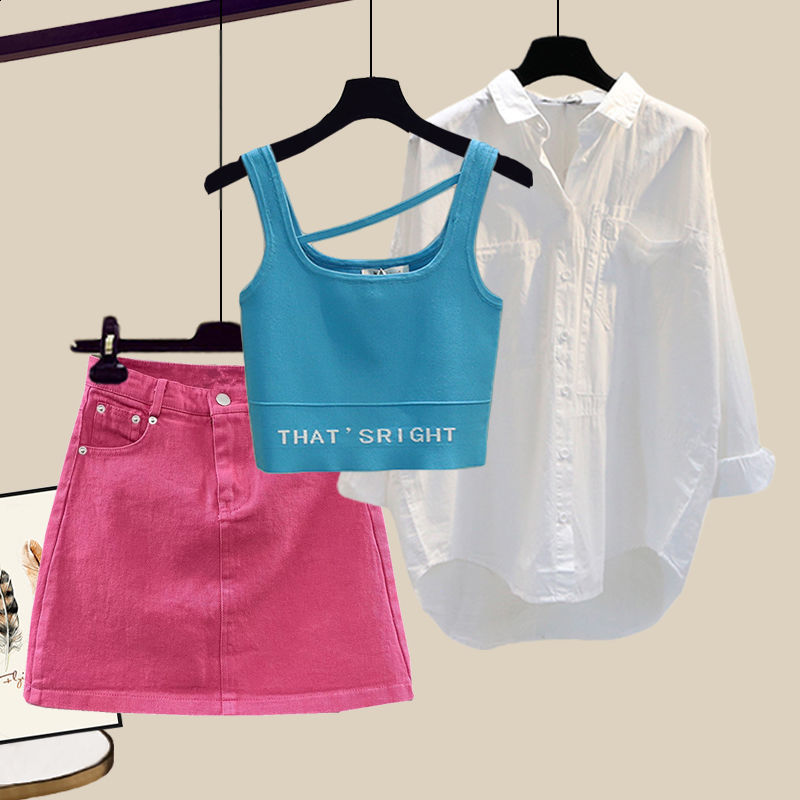 Women's Two Piece Pants Korean Summer Style Worn Casual Shorts White Chiffon Shirt Green Vest Bra Three Piece Elegant Women's Shorts Set 230