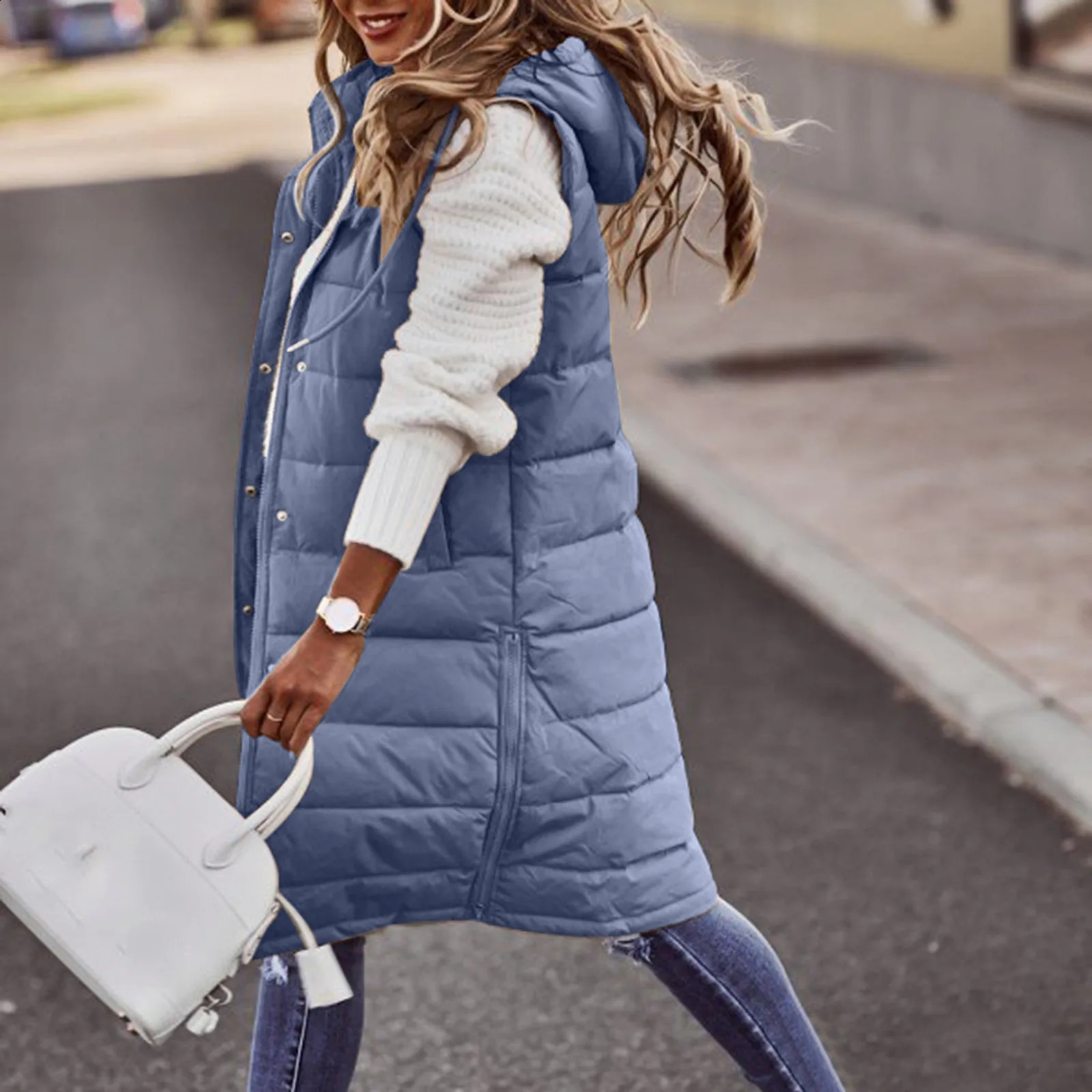 Womens long winter coat vest with hood quilted cotton jacket sleeveless warm pockets outdoor S5XL 240910