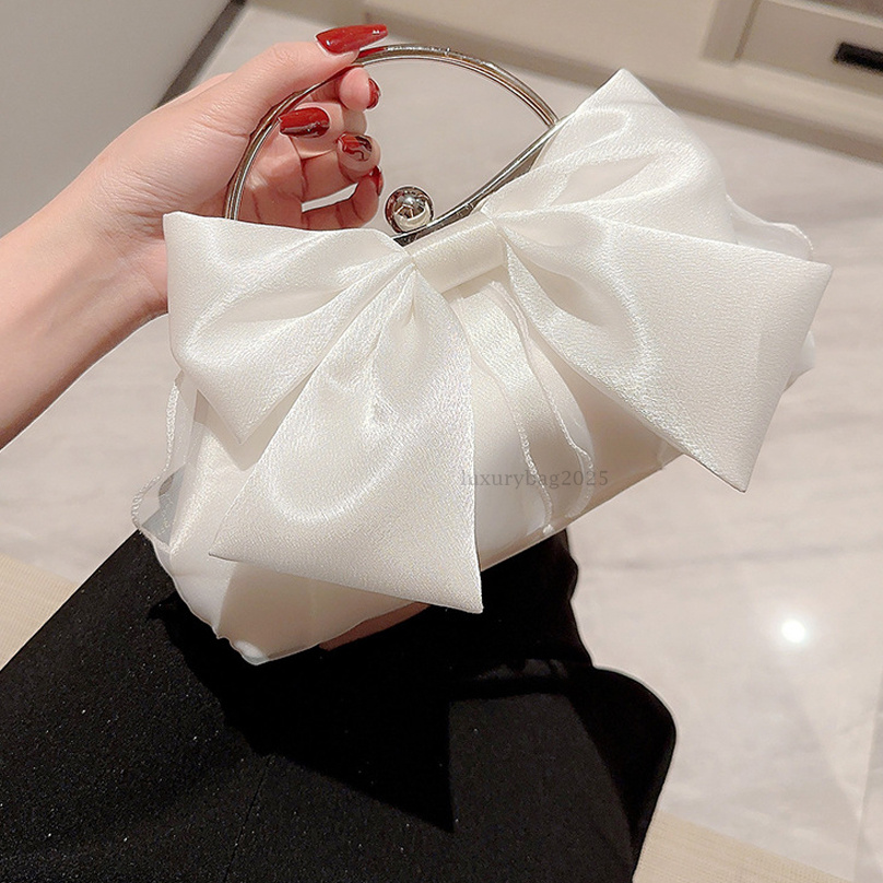 White Satin Bow Fairy Evening Bags Clutch Metal Handle Handbags for Women Wedding Party Bridal Clutches Purse Chain Shoulder Bag luxury dinners bag we