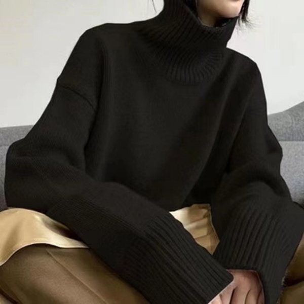 Designer women's sweater fashion Korea cashmere sweater pure wool high lapel 2025 autumn and winter casual loose padded knit top.