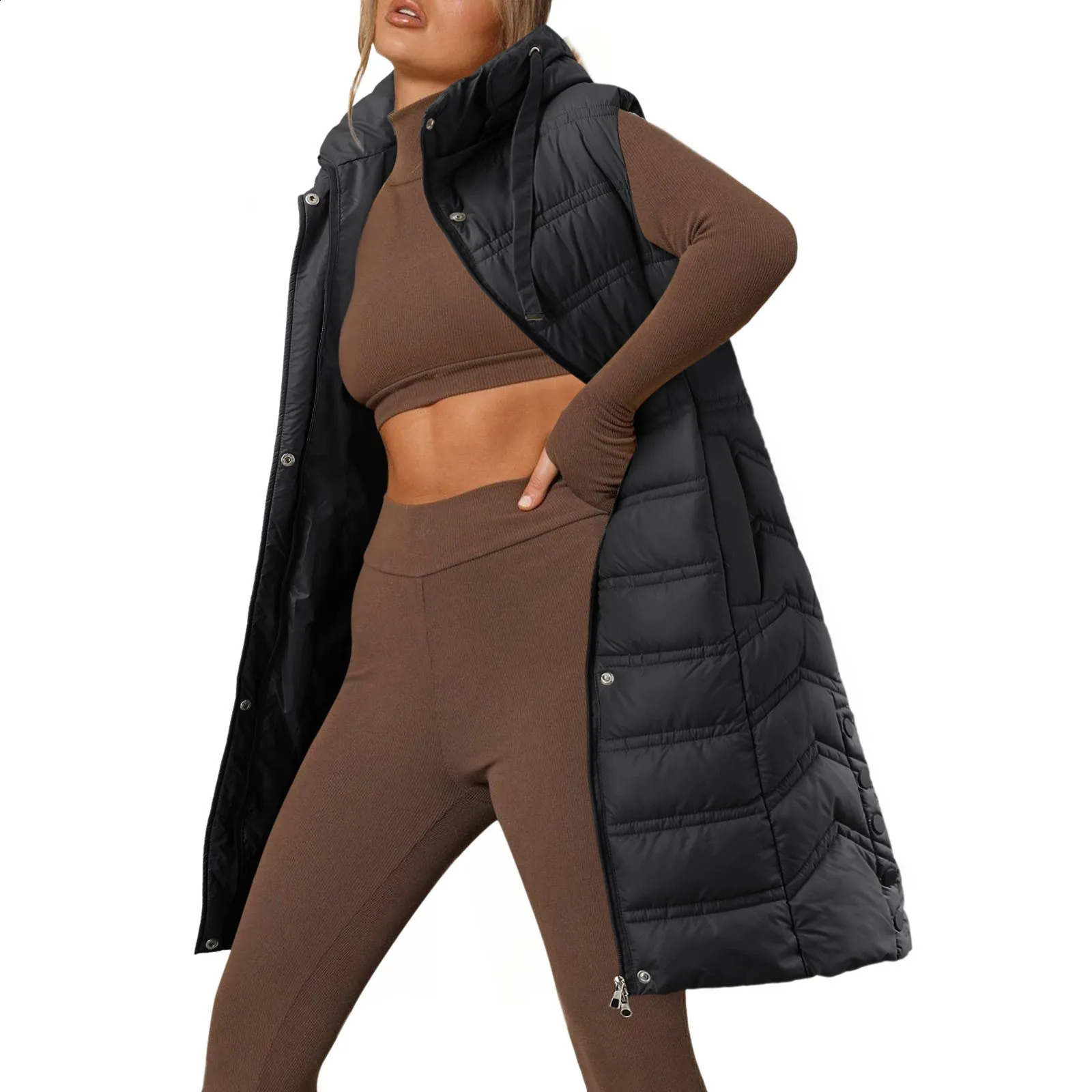 Womens long waisted coat winter warm vest jacket loose sleeveless zipper womens streetwear solid 240910