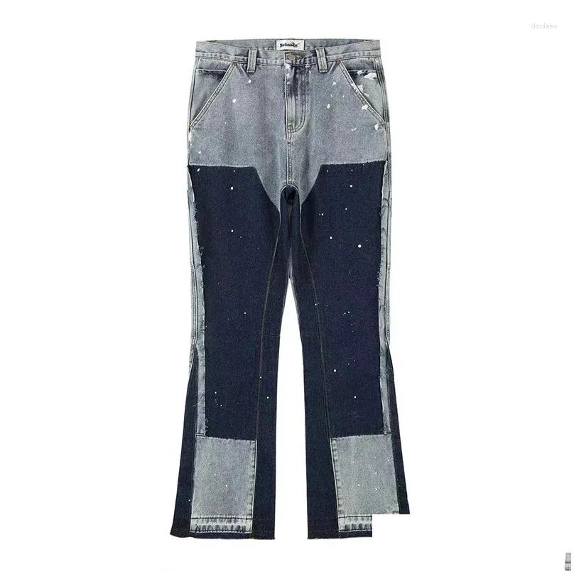 Mens European Ink Sprayed Flared For Men Contrast Color Looen Fit Streetwear Denim Clothes Open Hem Males Drop Delivery Apparel Cloth Dhhrj
